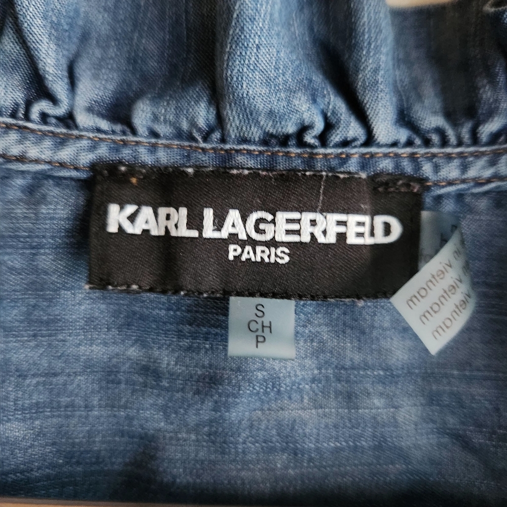 KARL LAGERFELD PARIS Ruffle Trim Chambray Blouse Sz: S - Picture 2 of 11